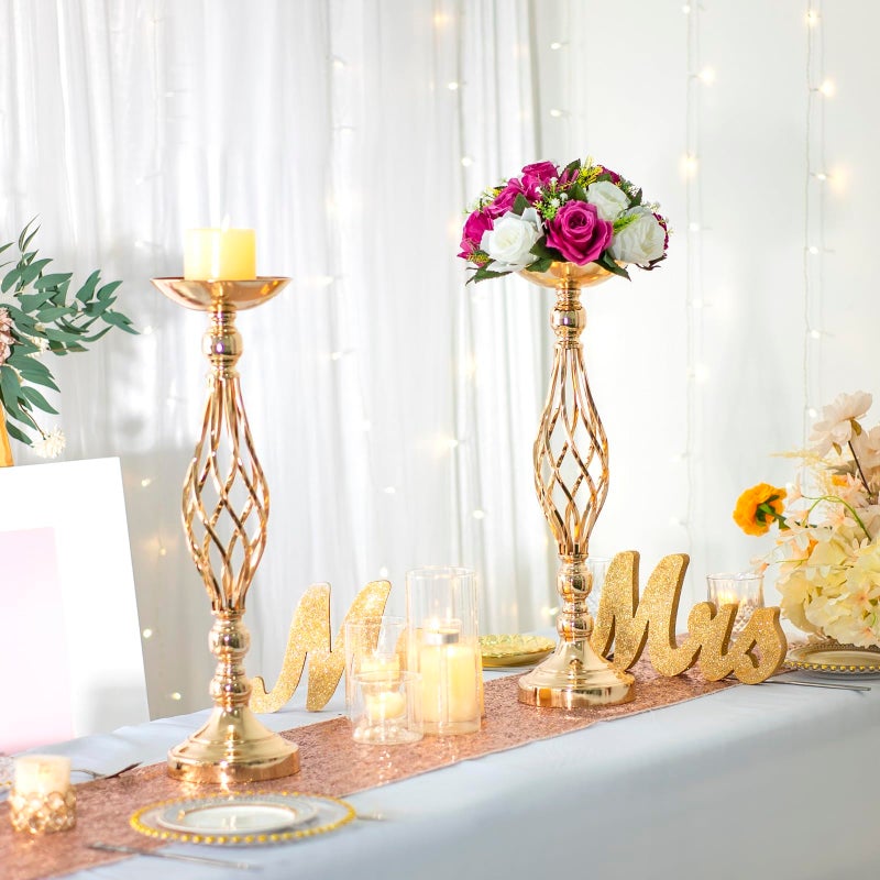 LANLONG 2pcs Metal Gold Candle Holders Road Lead Table Centerpiece Stand Pillar Candlestick for Wedding Candelabra Flowers Vases - Image 2